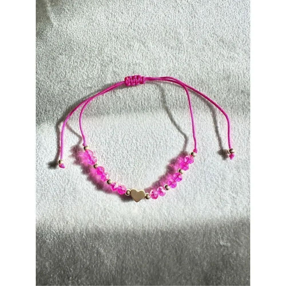 Hot pink sparkly beaded gold heart friendship bracelet